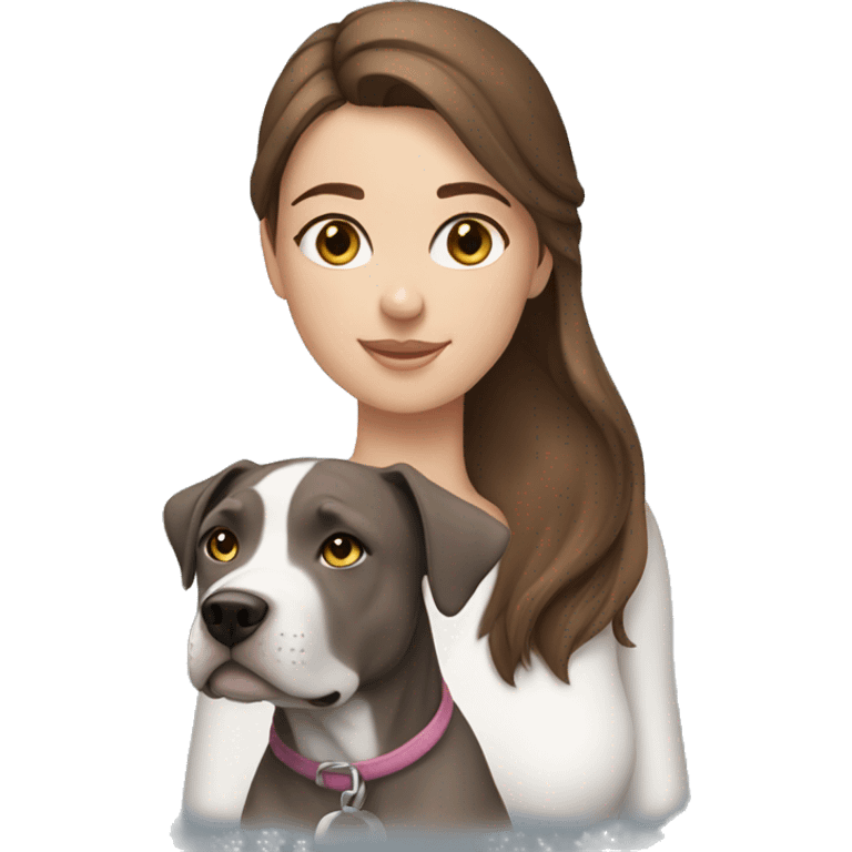 A girl with brown hair, blue eyes with a gray Amstaff dog emoji