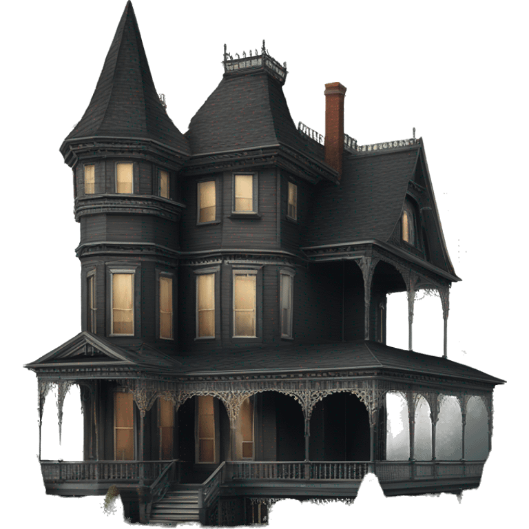 Side view Victorian style . Haunted Addams 8 story house. Wraparound porches  emoji