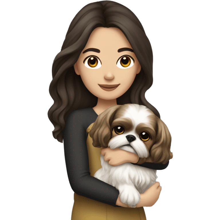 Young dark brunette hair woman with a golden shih tzu in her arms long hair emoji