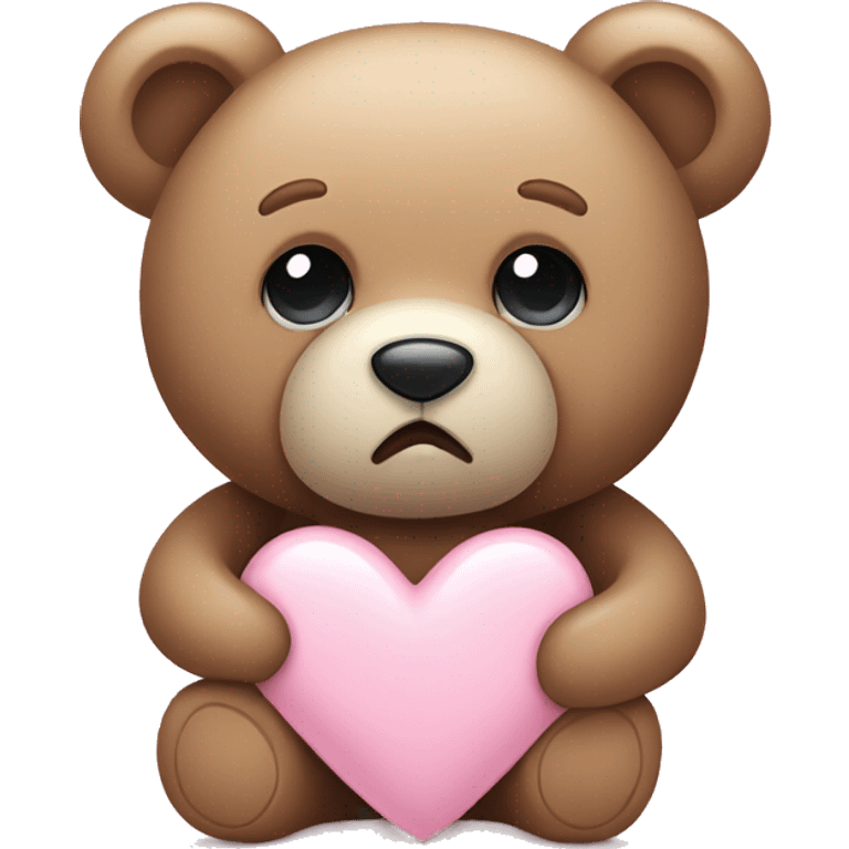 Teddy bear with sad eyes holding a pastel pink heart emoji