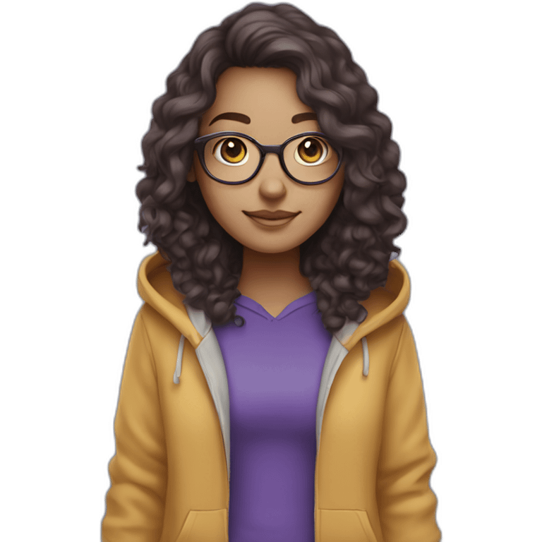 full length girl in a purple hoody, glasses with big blue eyes and white skin and curly dark browny long hair emoji