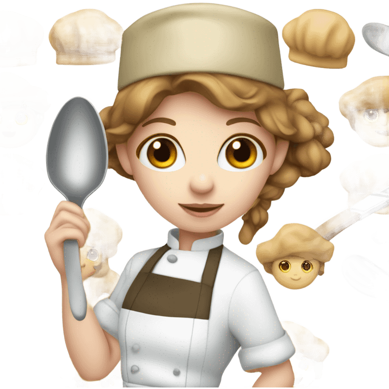 Girly cute pretty chef holding spoon with chef hat pale skin brown hair long eyelashes emoji