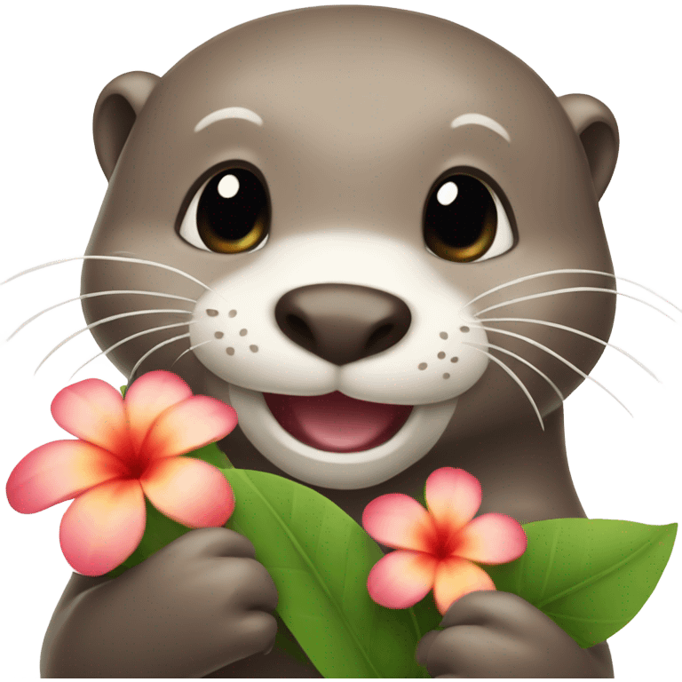 A happy and cute otter face holding a Hawaiian flower emoji