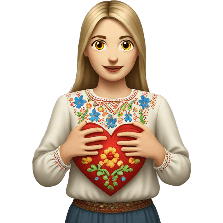 A Ukrainian woman in an embroidered shirt holds a heart in her hands emoji