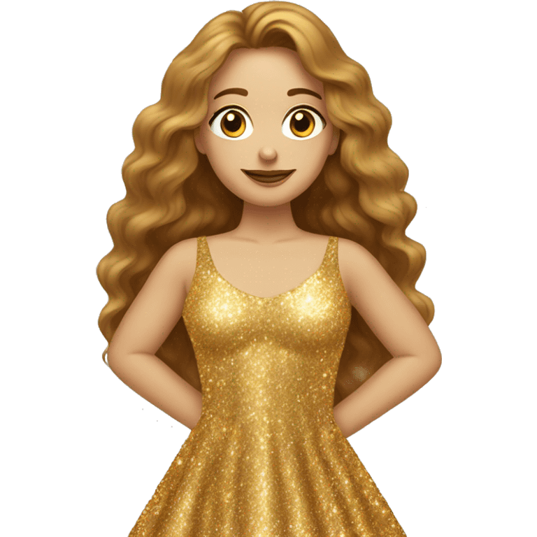 auburn long haired woman with hazel eyes wearing gold sparkly shiny dress emoji