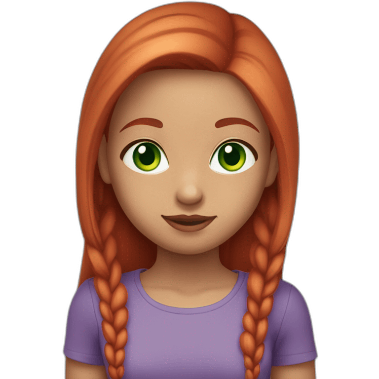 cute girl with straight long red hair (middlepart), green eyes, silver earrings and a purple shirt she ist looking fabulous emoji