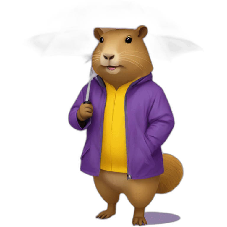 Capybara wearing yellow rain jacket holding a purple umbrella emoji