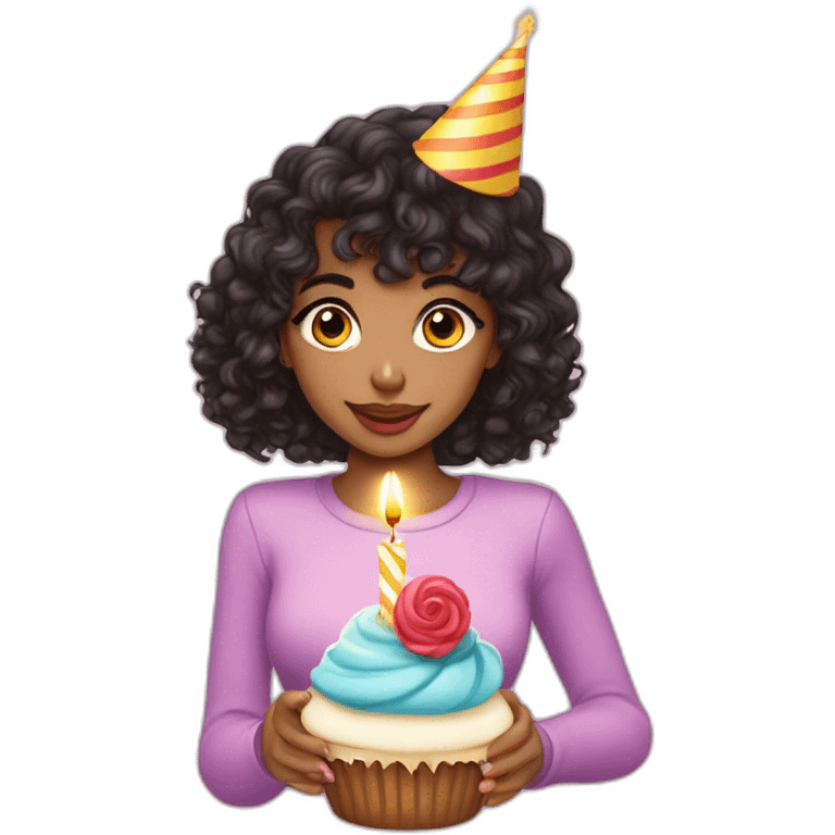 light-skinned girl with dark curly hair and bangs in a birthday cap with a cupcake with a candle emoji