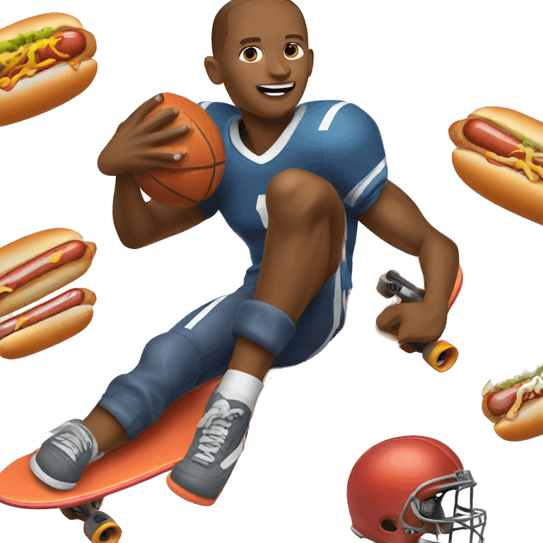 Football player eating a hot dog riding a skateboard playing basketball  emoji