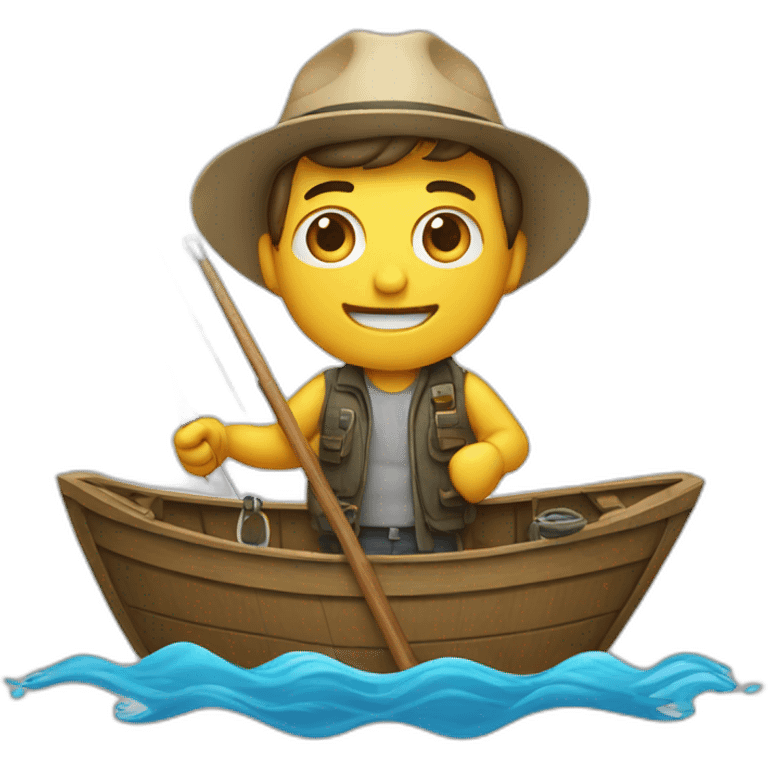 Man on a boat with a fishing rod and a large hook emoji