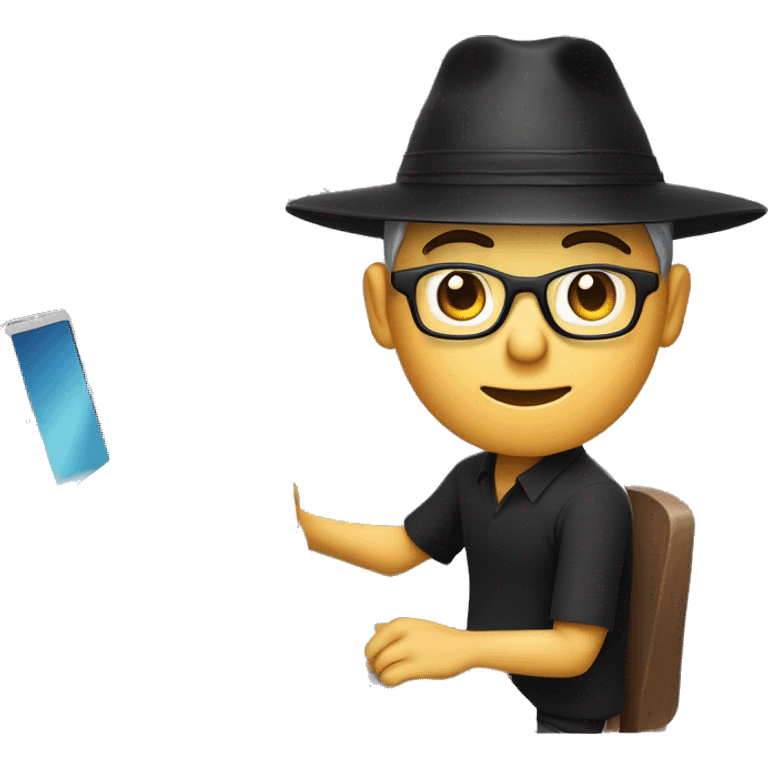 A memoji-style man, wear nearsighted glasses, a traditional Vietnamese conical hat , black shirt, sitting at a desk, a cup of coffee on desk, typing on keyboard, laptop in front emoji