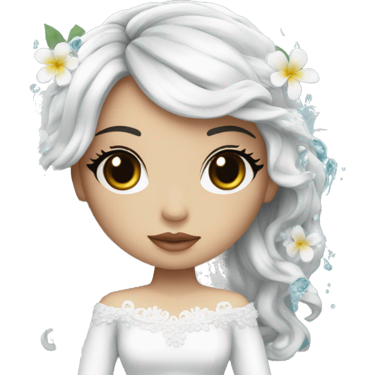 Pretty young Lady doll with black hair flowers in hair white dress surrounded by flowing water emoji