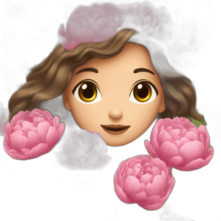 brunette girl smells flowers peonies emoji