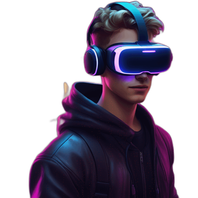 Russian young man wearing a black hoodie with "OMG" letters on it and VR headset in a cyberpunk VR environment with violet neon lighting. emoji