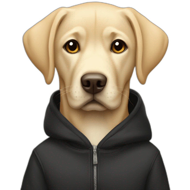 Labrador in a black hoodie with creme backpack on the shoulders emoji