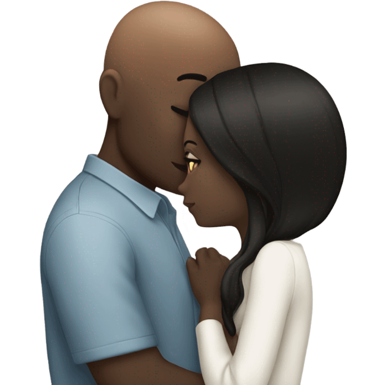 White girl dark hair kissing bald black man emoji