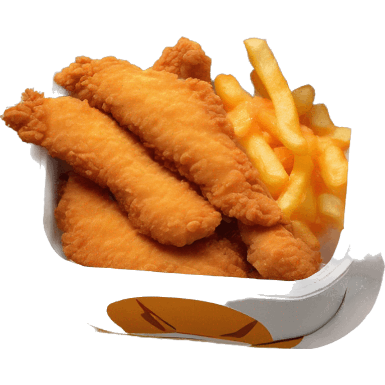 3 chicken tenders with crinkle fries and orange sauce on the side in a styrofoam container styrofoam container emoji