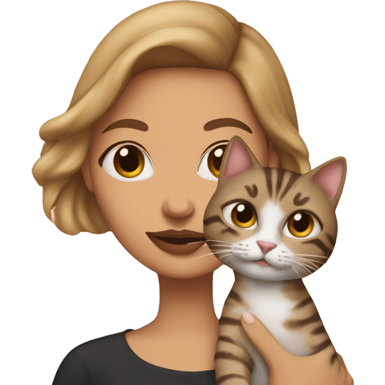 Woman with pink lips holding a tabby cat emoji