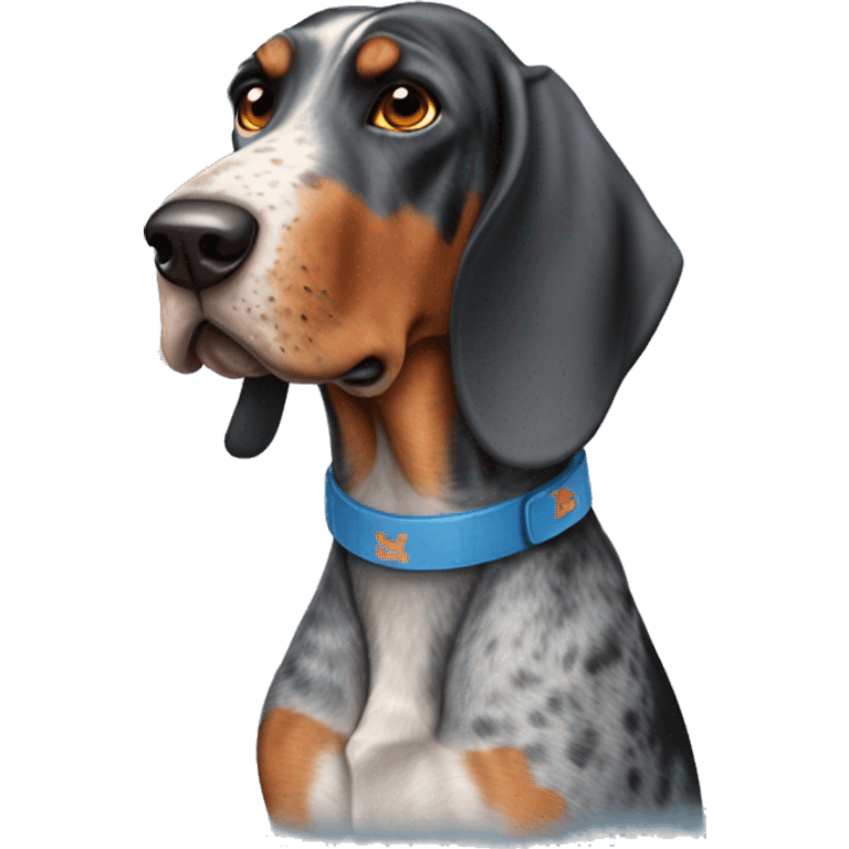 Blue tick coonhound wearing university Tennessee orange emoji