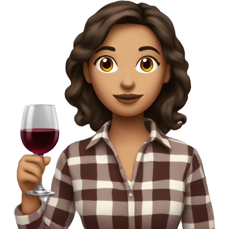 A brunette in a plaid and with a glass of wine emoji