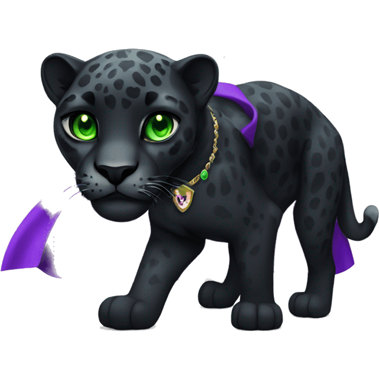 Adult black jaguar with green eyes and a cape with purple gemstones emoji