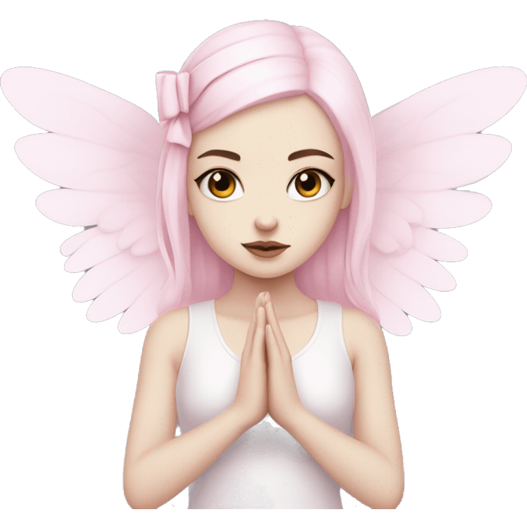 cute white goth girl meditating wearing pale pink, pale pink bow, pale pink wings emoji