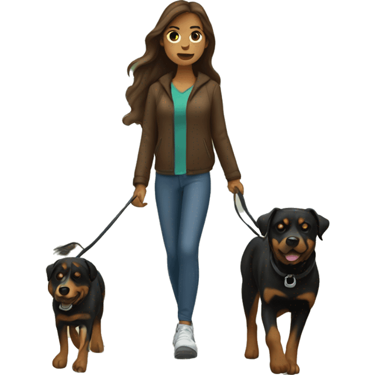 A woman with long brown hair and light Skin takes a Rottweiler for a walk  emoji