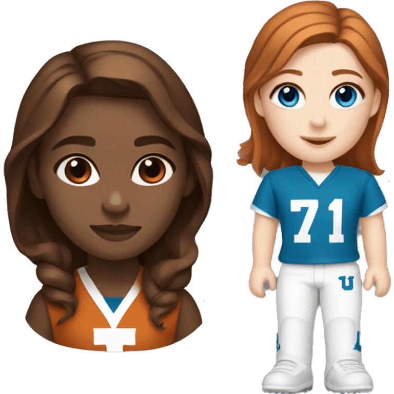 Brown hair, pale skin, blue eyes, woman. Wearing University of Texas Longhorn clothes emoji