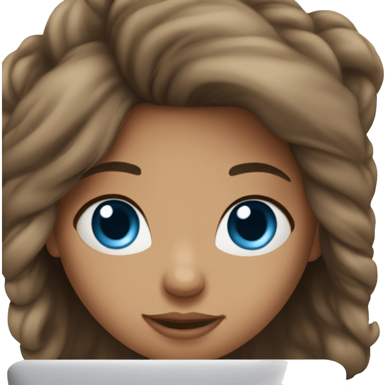 A brunette girl, blue eyes, works on a MacBook emoji