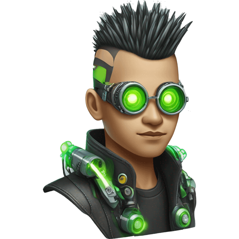 Mohawk hair with neon green highlights Asian male cyborg head with neon silver steampunk goggles and circuits emoji