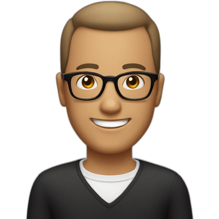 an man with very short haircut, and a very receding hairline, and a tuft of hair on the top. He is wearing glasses, the glasses frames are black and he is smiling emoji