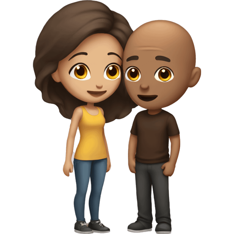 Brown Bald guy and girl with dark brown hair kissing emoji