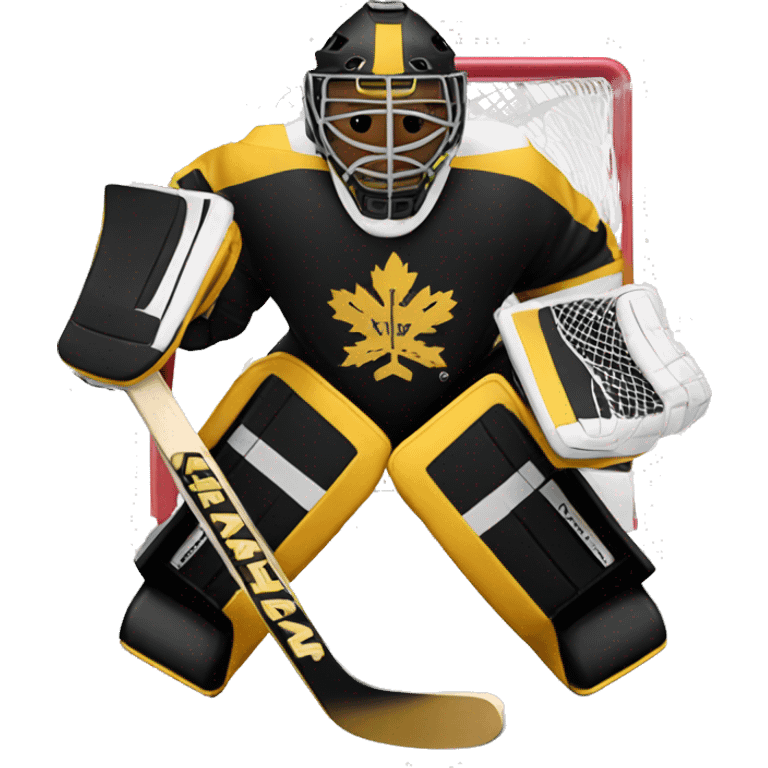 Ice hockey goalie with black and gold pads emoji