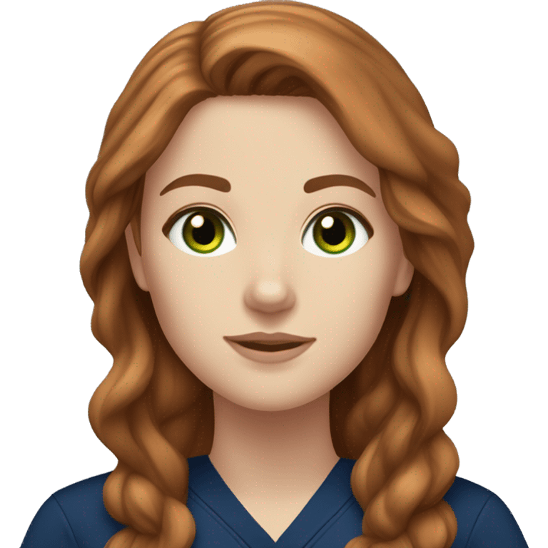  White girl fair skin, long auburn hair, green eyes, navy blue scrubs emoji