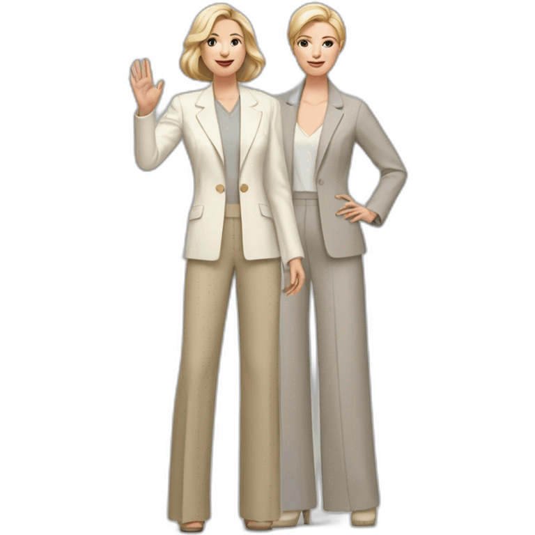 Full height Actively gesturing with hands pale skin woman with ash blonde Straightened bob Hair, White Spacious classical jacket, beige palazzo Arrow pants and gray blouse emoji