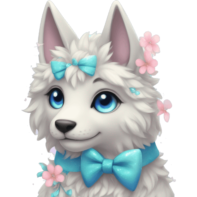 Anthro Cute Cool Kawaii gorgeous sparkly ethereal fantasy animal creature with blue eyes furry sona with flowers and bow tie beautiful aesthetic emoji