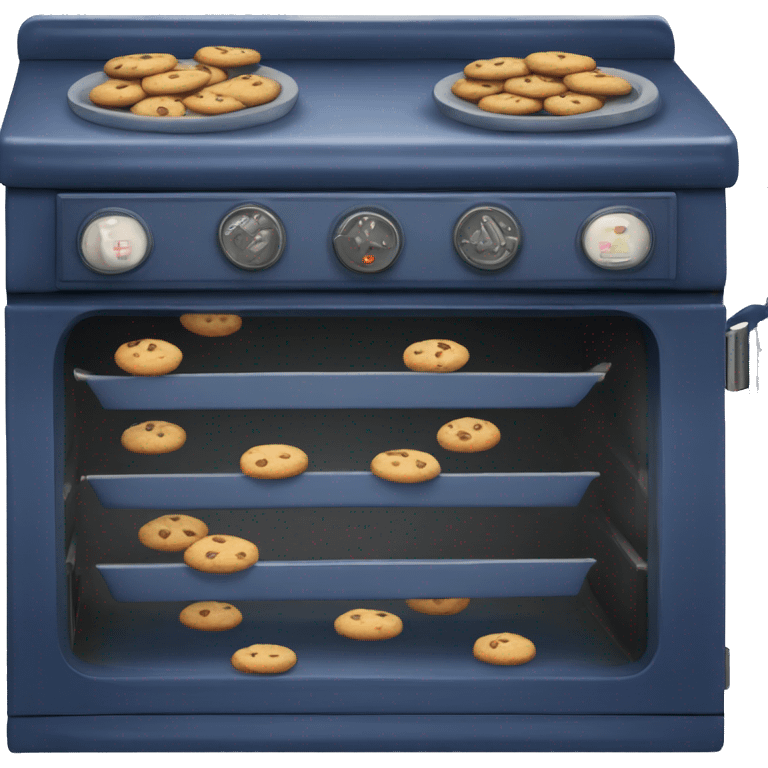 Realistic vintage  navy blue oven with cookies baking inside of it. emoji