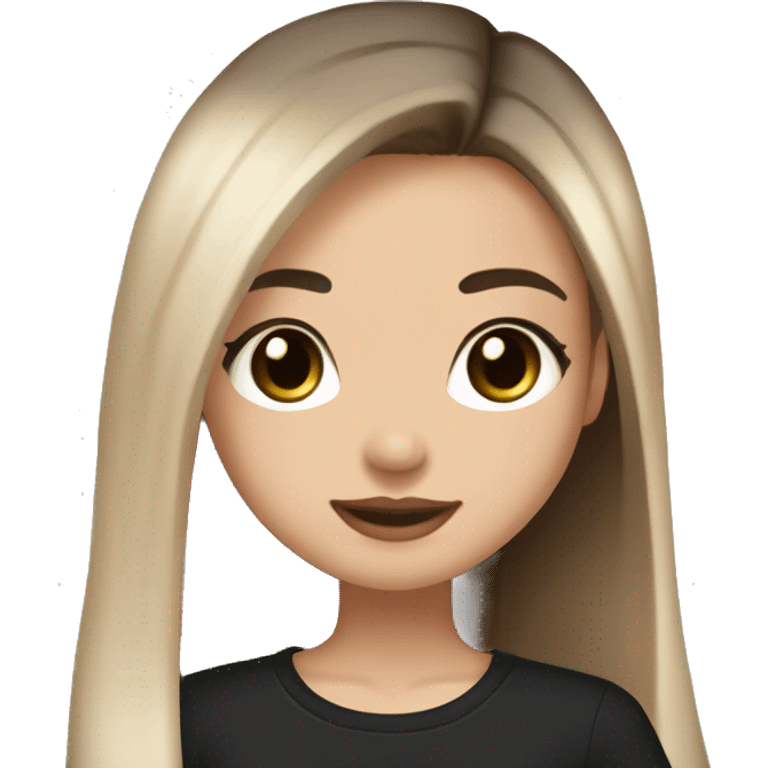 Slavic girl, light skin, long eye lashes, pink beige lips, brown eyes, long black-to-blonde ombre straight hair, black T-shirt, chibi, smiling. emoji