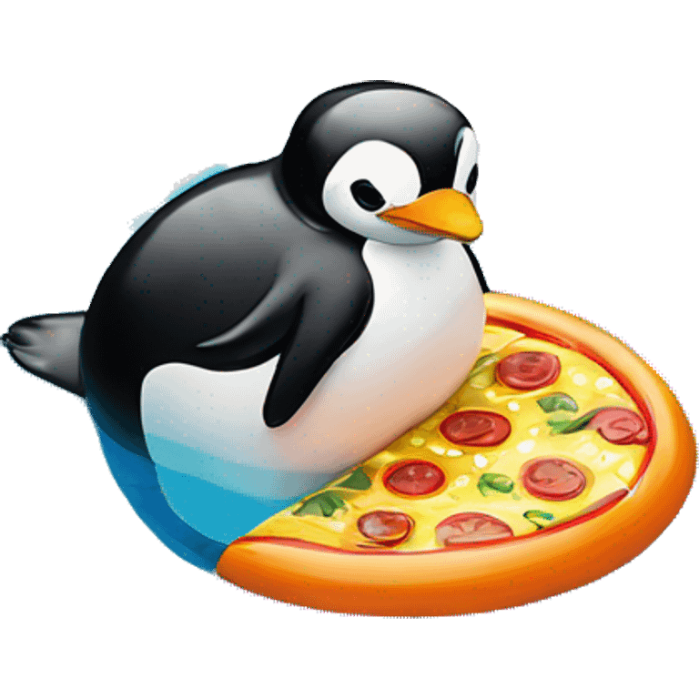 Penguin on a pool float In a pool under water drinking a pop eating pizza  emoji