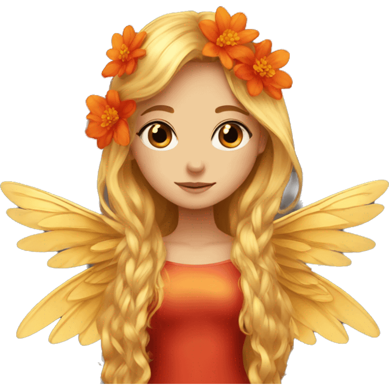 big wings, flower, Beautiful, fairy, gold, orange,red, long hair emoji