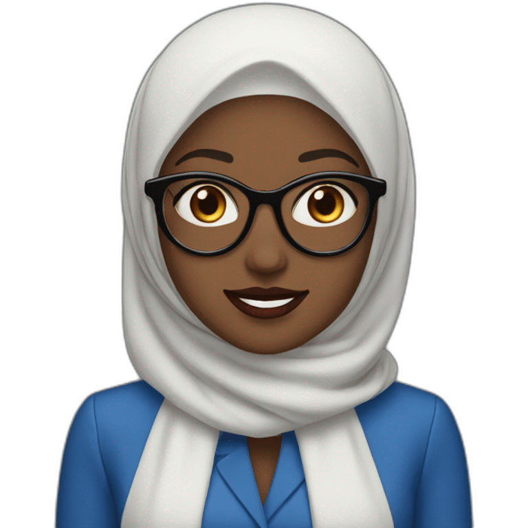 blue Hijabi white woman with glasses and brown eyes wearing a blue suit red lipstick emoji