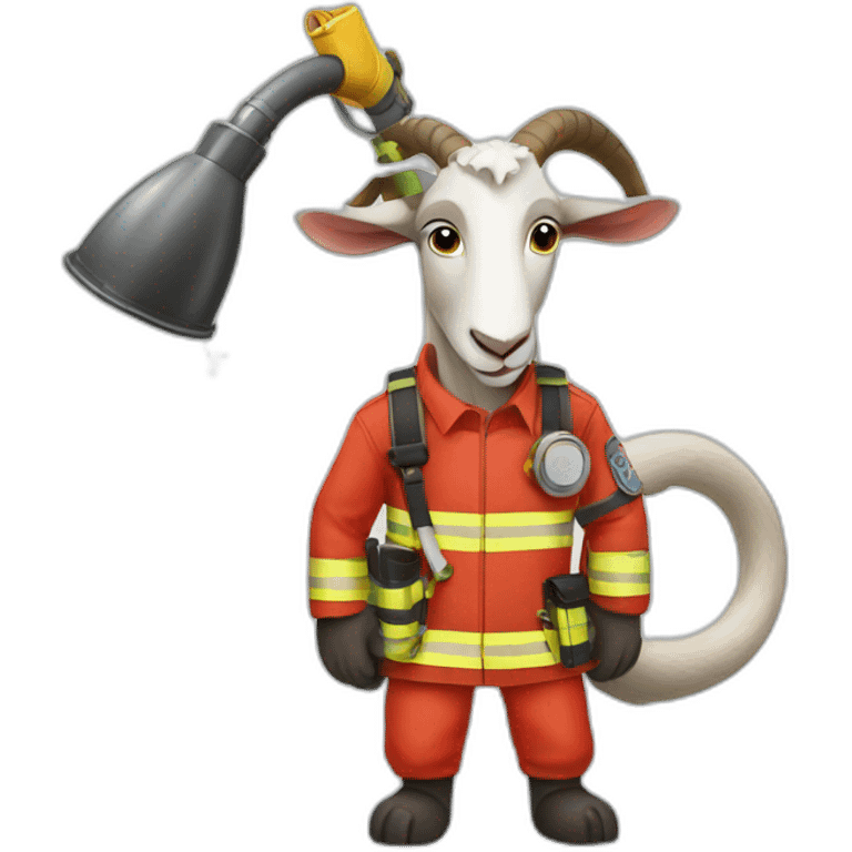 a goat dressed as a firefighter with a hose in his hand emoji