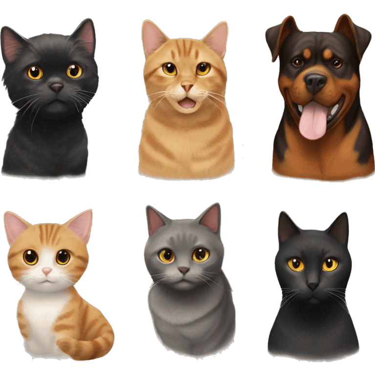 A Rottweiler a grey cat a fluffy beige cat emoji