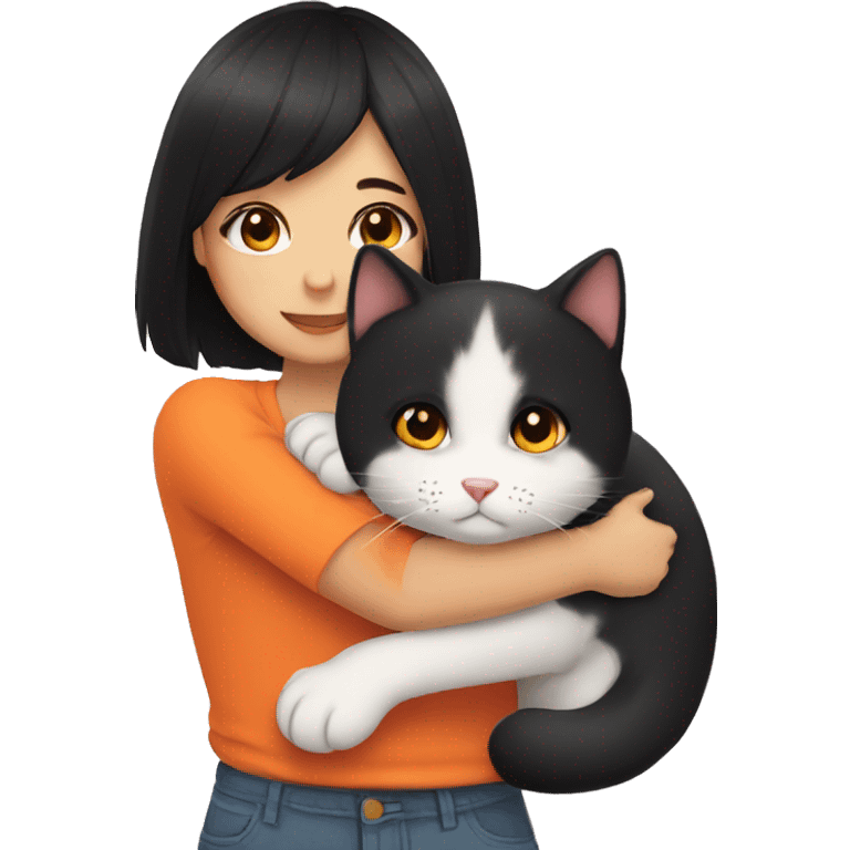 girl with black hair hugging a Orange and white cat emoji