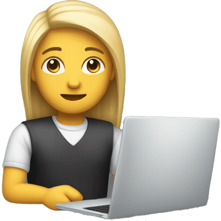 Create a developer emoji with not so white skin and straight hair, featuring a laptop, coding symbols, and a friendly expression emoji