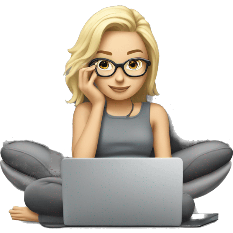 Blond girl laying on a grey couch with grey pillows with glasses on and a laptop on small table in front with coffee cup on mouse pad emoji