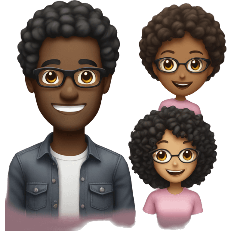 Black man, smiling, curly black hair, with black shirt, no glasses. And Fair woman, medium curly hair, smiling, light pink shirt, black glasses emoji