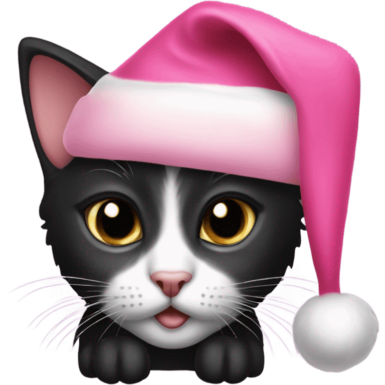 Black kitten with pink Santa hat emoji