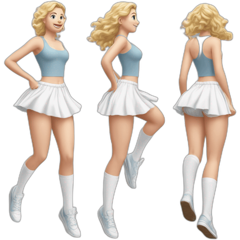 Hyperrealistic Full body Caucasian curvy beauty jumping short white skirt back and front views strong wind knickers long white socks emoji