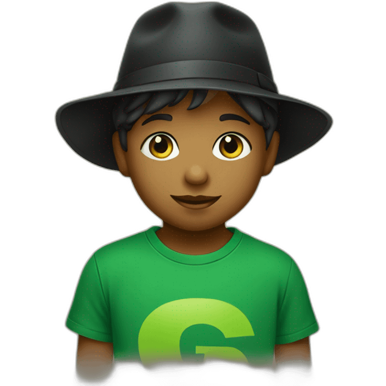 A child with green eyes, wearing a black Sun hat  and a green T-shirt with a black letter “G” on T.Shirt emoji